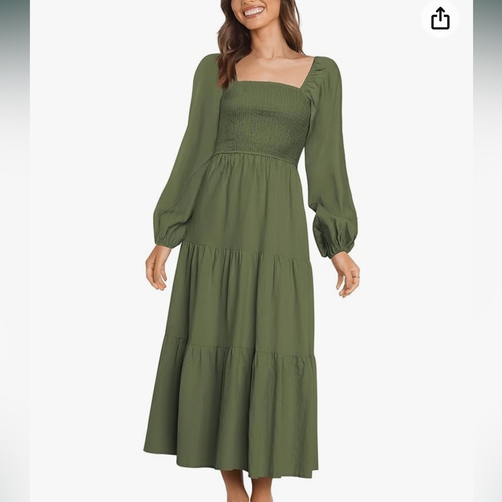 NODPANWomen's Square Neck Puff Long Sleeve Ruffle Hem Smocked Tiered A-LineDress